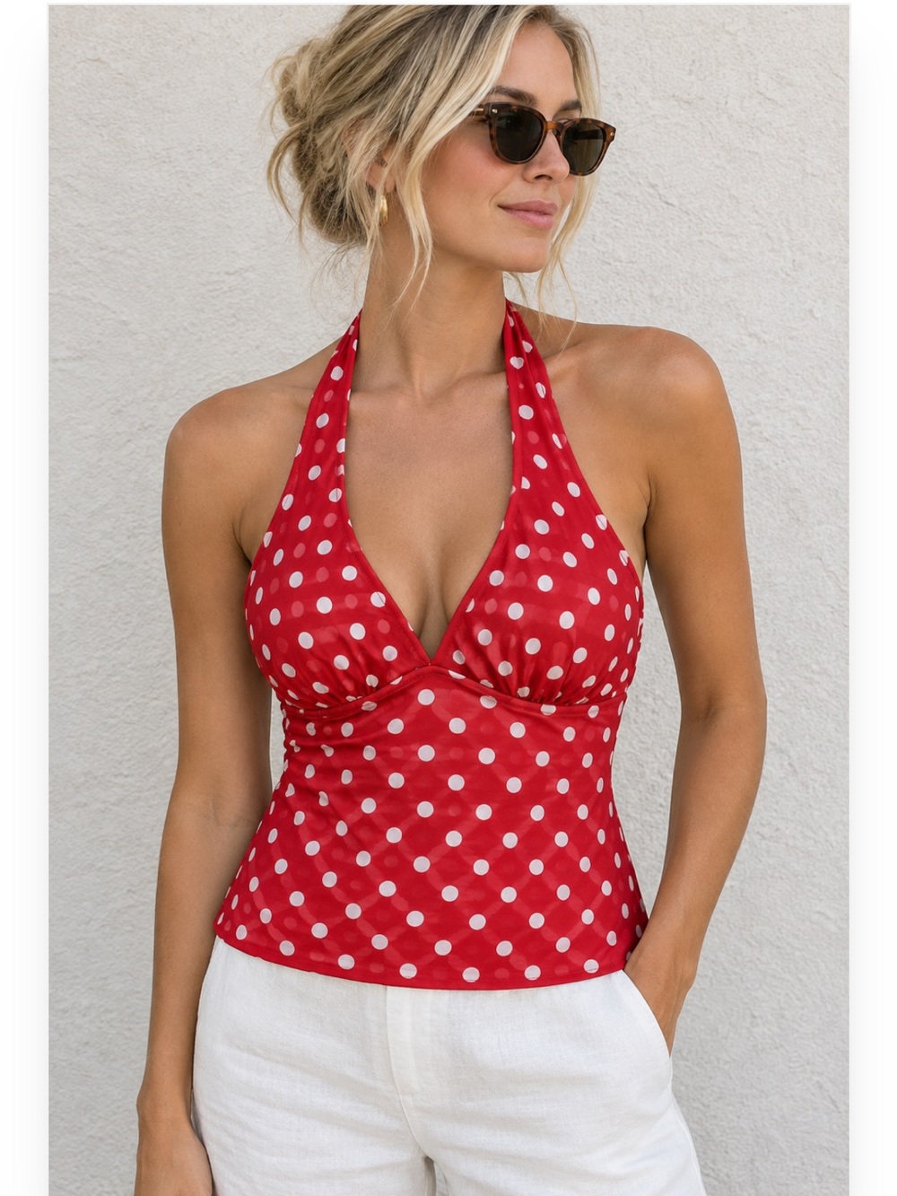 See You Monday Red and White Polka Dot Mesh Women’s Halter Top, Medium